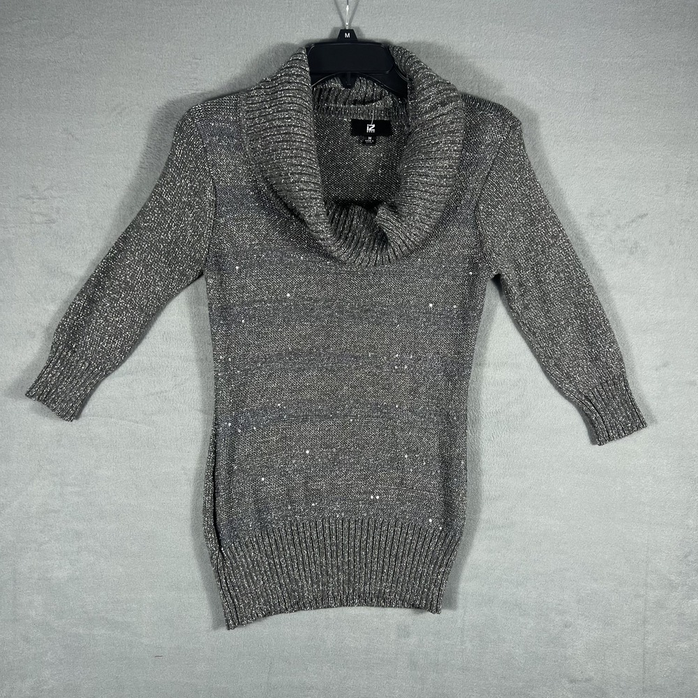 IZ BYER Women's Gray Silver Sequin Cowl Neck Tunic Sweater Dress Size M Sparkle